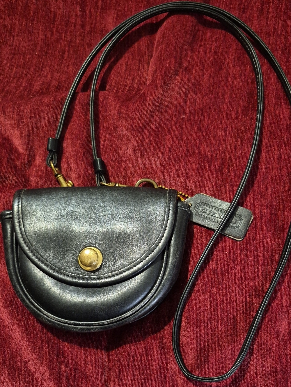 Vintage Coach Black Leather Crescent Crossbody with Gold Tone Button